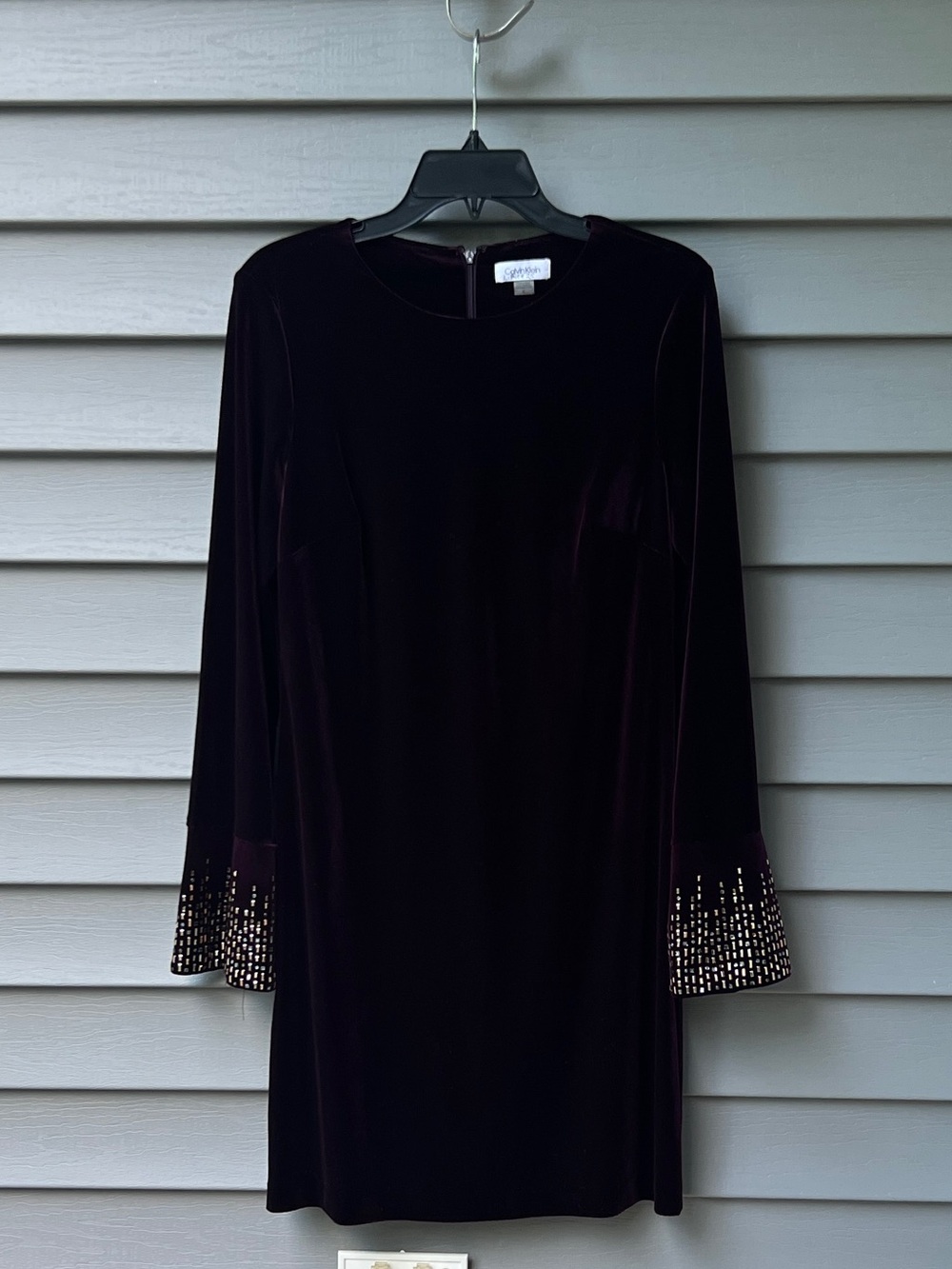 Calvin Klein Burgundy Velvet Long-Sleeve Dress with Embellished Cuffs Size 10